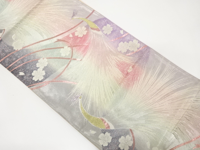 鳥に桜散らし模様織り出し　袋帯